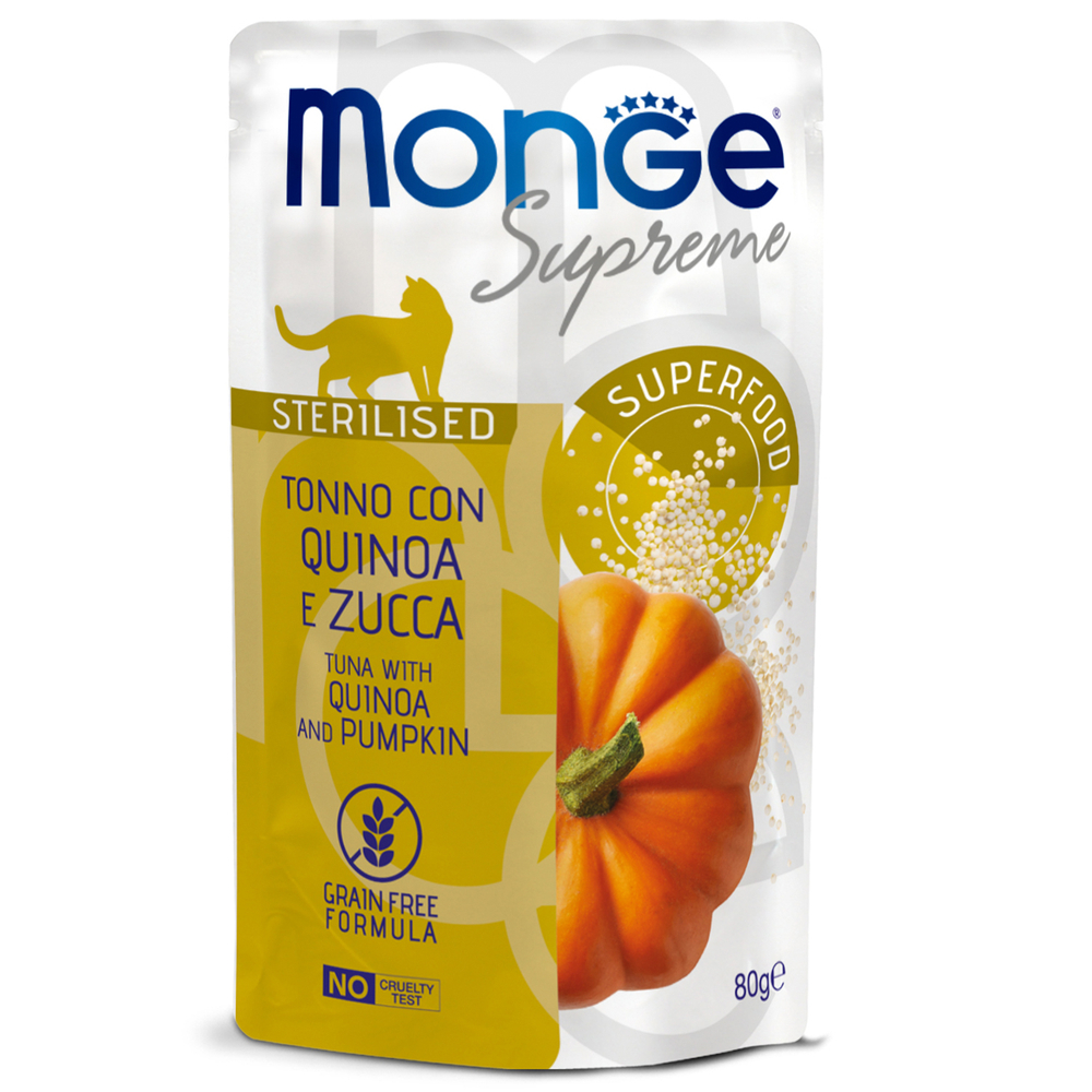 Влажный корм Monge Supreme sterilized cat для стерилизованных кошек из тунца с киноа и тыквой, паучи 80 г - 24 шт