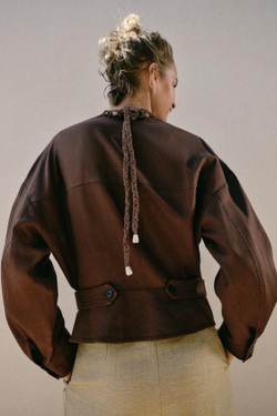ZARA ДВУБОРТНАЯ КУРТКА ИЗ ЛЬНА, ШОКОЛАДНО-КОРИЧНЕВЫЙ