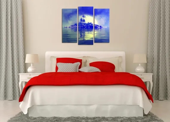 Модульная картина "Остров с пальмами в синих тонах"