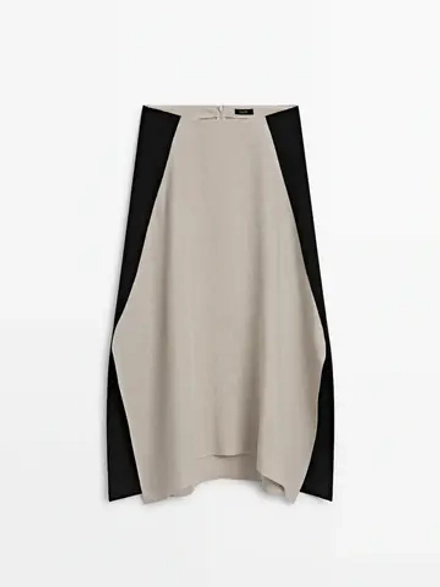 Massimo Dutti Расклешенная льняная юбка миди с контрастными деталями, бежевый