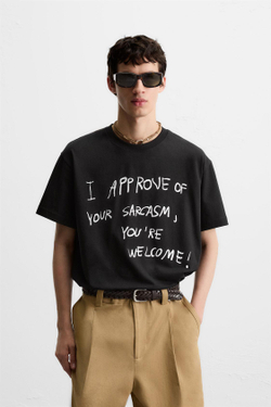 ZARA ФУТБОЛКА С НАДПИСЬЮ, ЧЕРНЫЙ