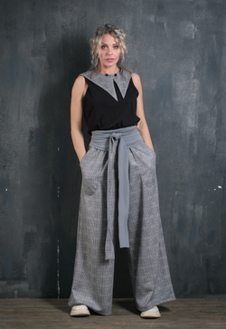 Палаццо  + кушак/ клетка серо-голубой