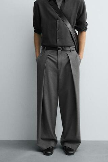 ZARA БРЮКИ WIDE FIT СО СКЛАДКАМИ, СЕРЫЙ