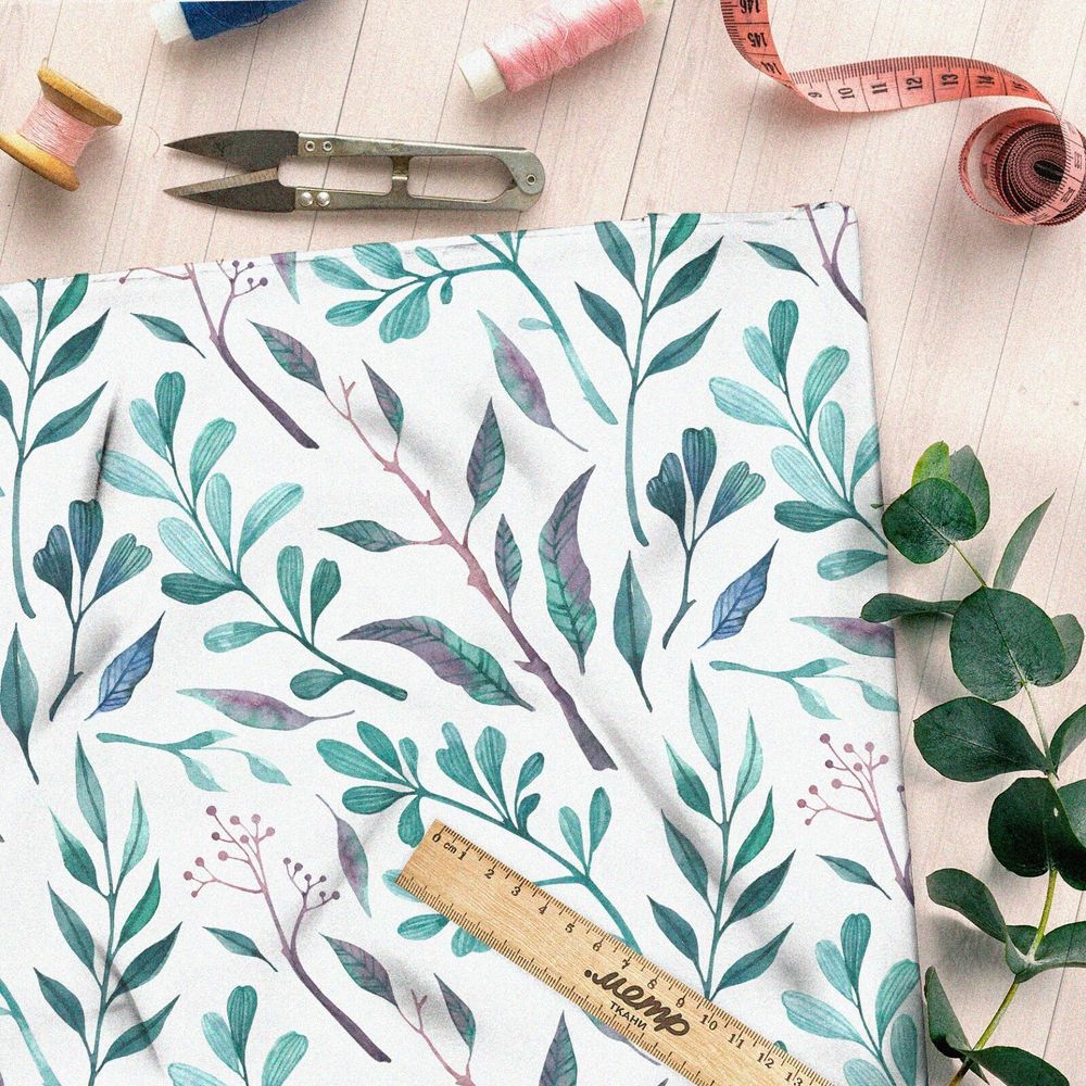 Ткань кулирная гладь нежные акварельные листочки