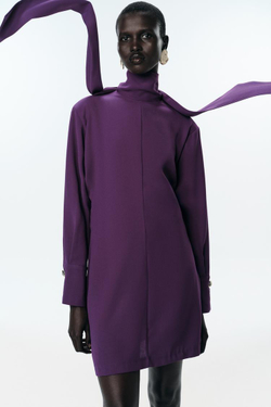 ZARA МИНИ-ПЛАТЬЕ С ШАРФОМ, БАКЛАЖАННЫЙ