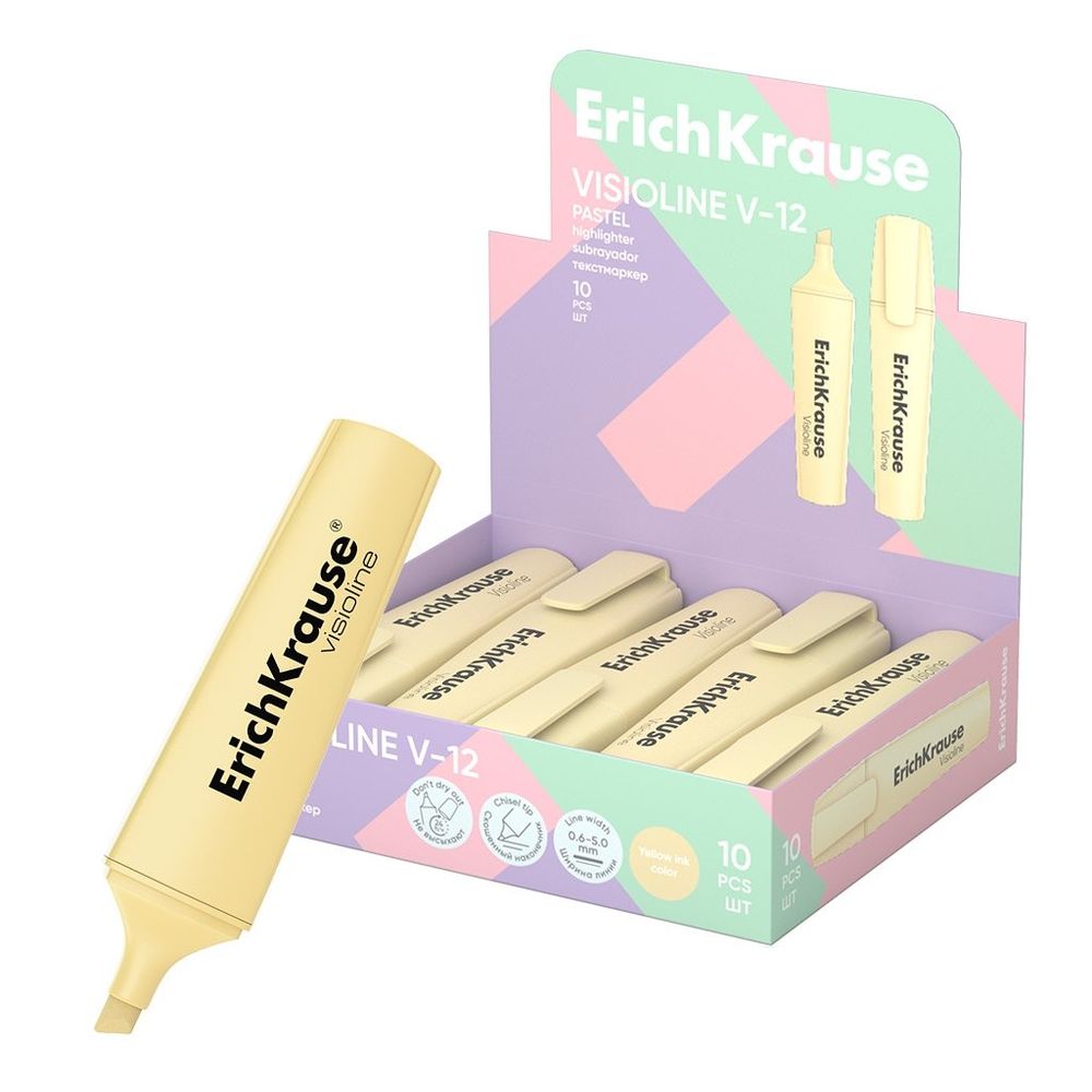 Текстовыделитель, Erich Krause, "Visioline V-12 Pastel", жёлтый пастельный, скошенный, 0,6-5 мм, 10 шт/уп, картонная коробка-дисплей Текстовыделитель, Erich Krause, "Visioline V-12 Pastel", жёлтый пастельный, скошенный, 0,6-5 мм, 10 шт/уп, картонная коробка-дисплей