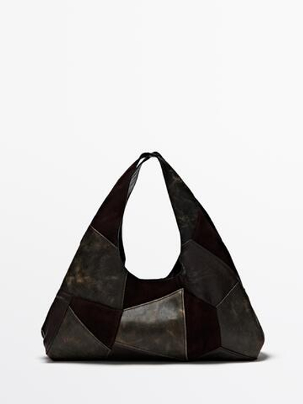 Massimo Dutti Средняя сумка из замши в стиле пэчворк, коричневый