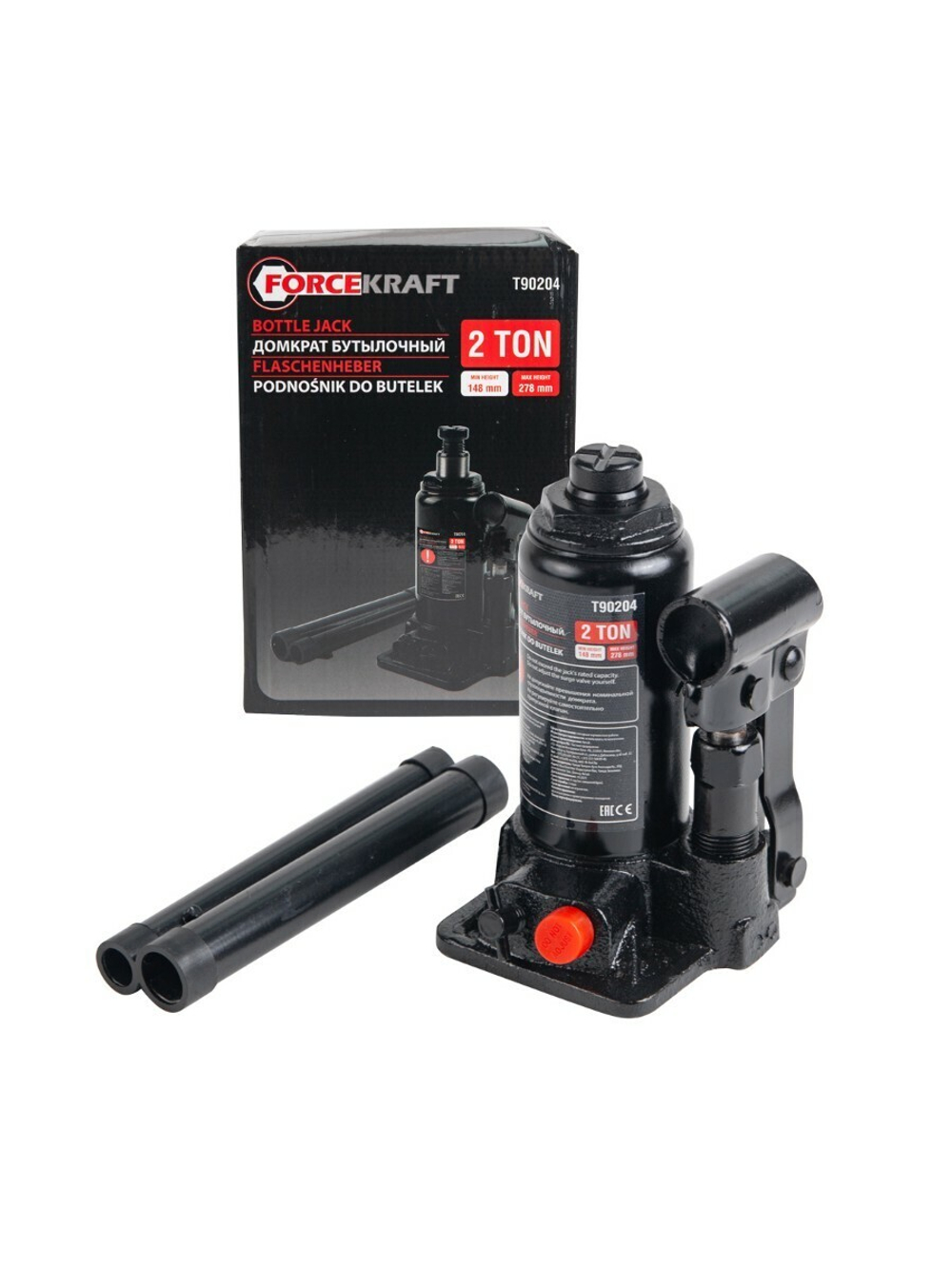 Домкрат бутылочный 2т с клапаном (h min 148мм,h max 278мм) FORCEKRAFT FK-T90204