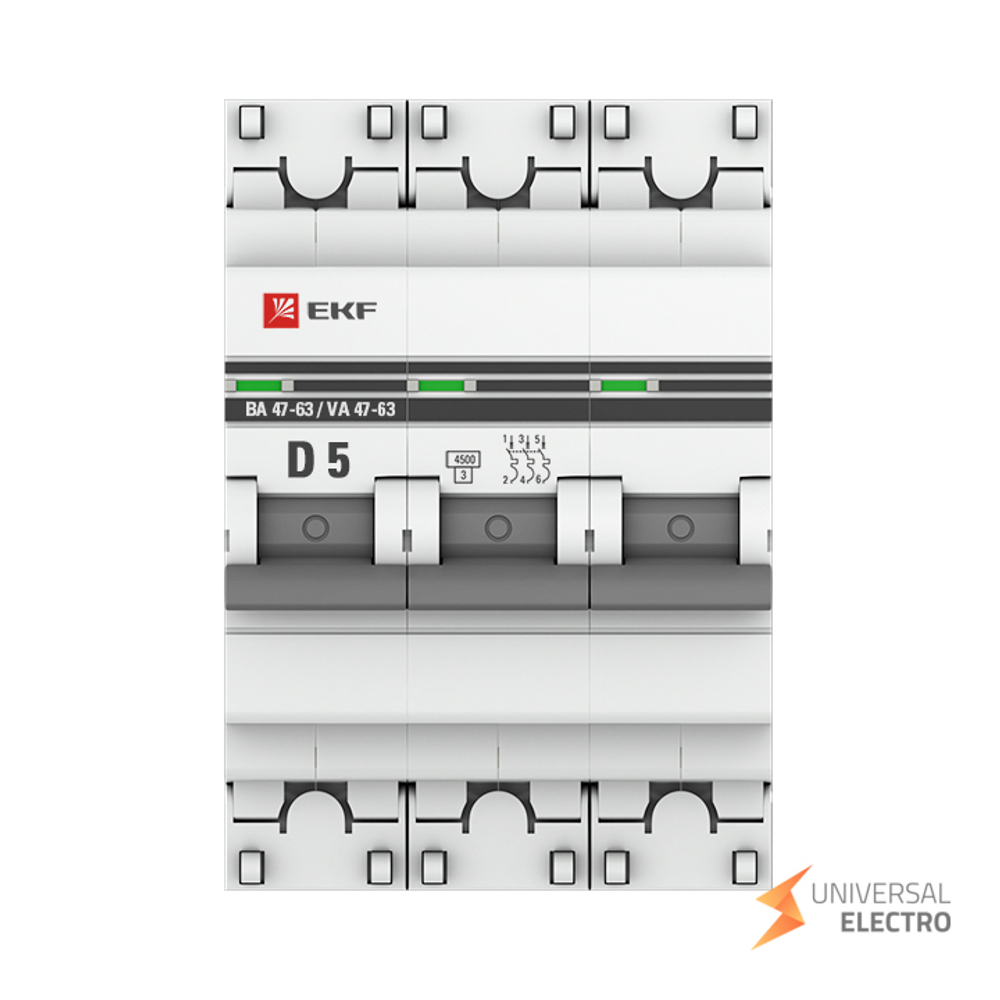 Автоматический выключатель 3P 5А (D) 4,5kA ВА 47-63 EKF PROxima