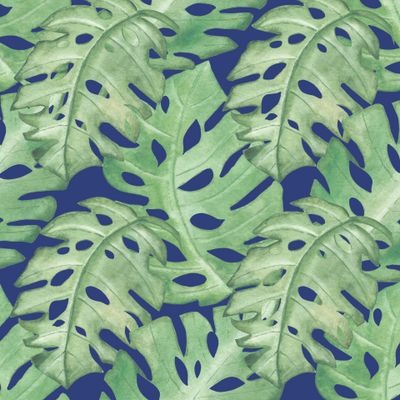 Watercolor hand painted nature tropical seamless pattern with green palm leaves texture
