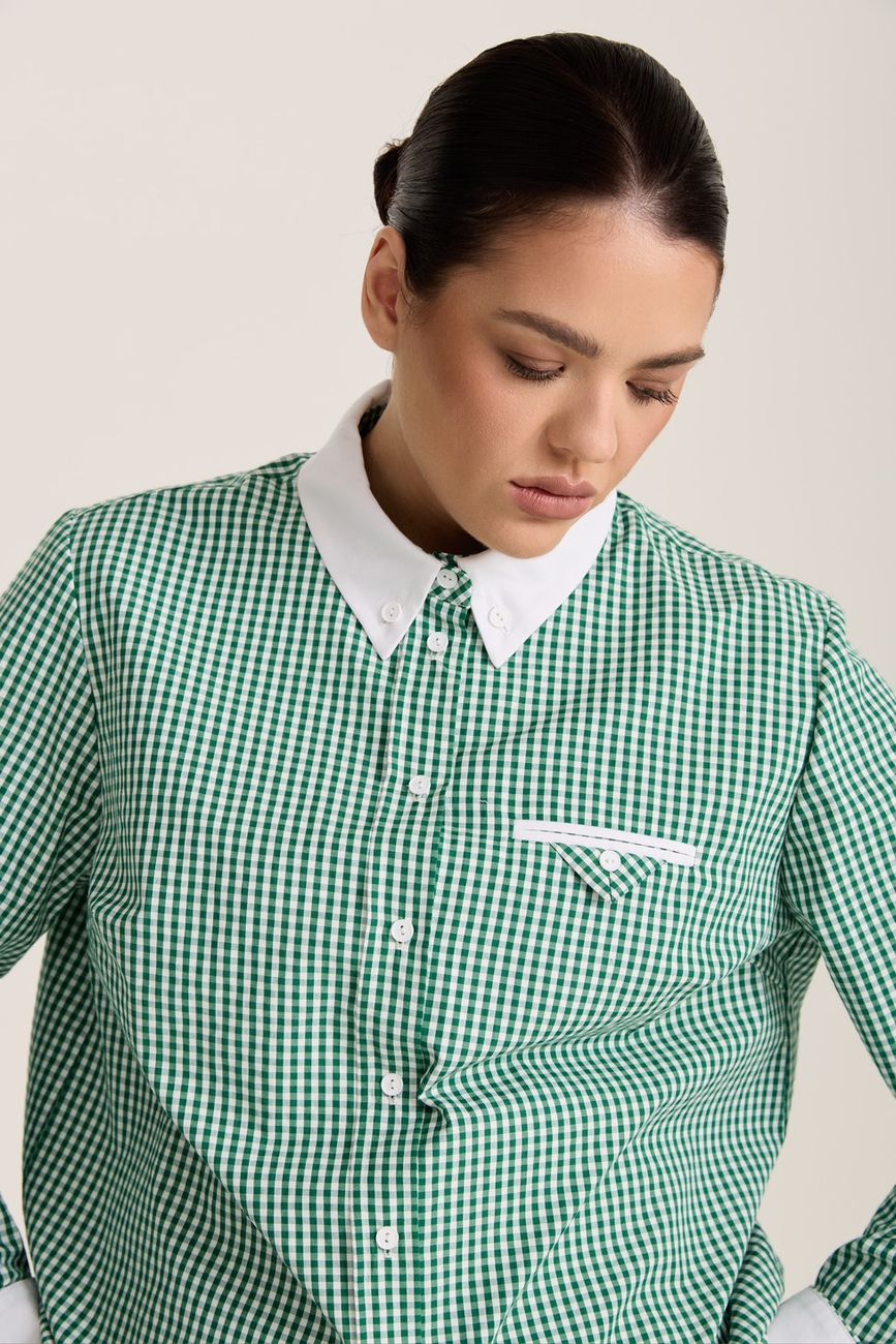 Рубашка в клетку с белым воротником, зеленый