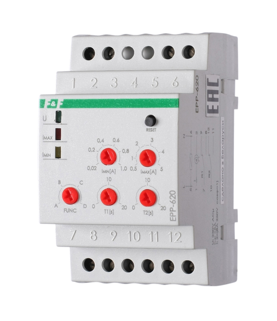 Реле контроля тока EPP-620 многофункциональное двухпороговое (диапазон измер-я тока 0.02-5A) 230В AC 2х16А 2х1P IP20