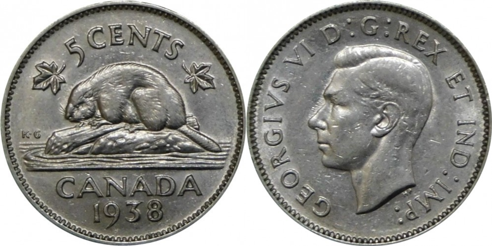 Канада 5 центов, 1937-1942 Король Георг VI XF