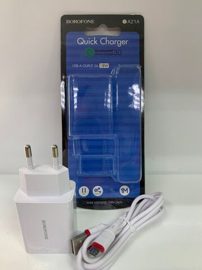 Сетевой блок+кабель microUSB BOROFONE BA21A (3A,1USB) white