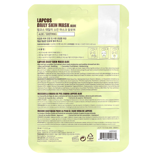 Lapcos, тканевая маска с алоэ, успокаивающая, 1 шт., 33 мл (1,11 жидк. унции)