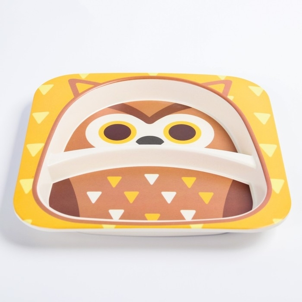 4611373 Набор детской бамбуковой посуды «Совушка», тарелка, миска, стакан, приборы, 5 предметов