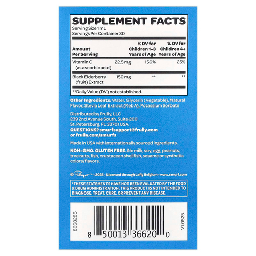 The Smurfs, жидкая добавка с бузиной, для детей от 1 года, ягодный вкус, 30 мл (1 жидк. унция)