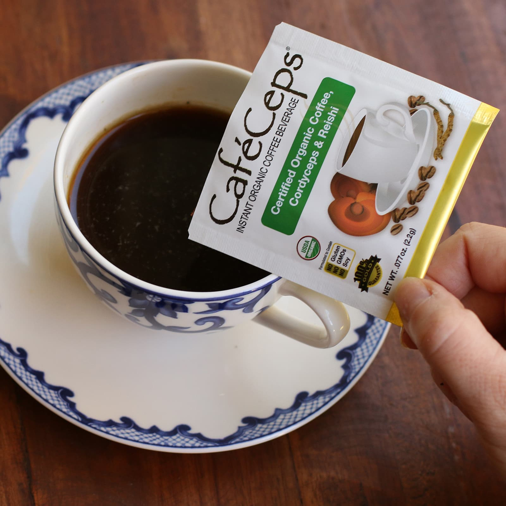 California Gold Nutrition, CafeCeps, сертифицированный органический растворимый кофе с порошком из грибов кордицепс и рейши, 30 пакетиков по 2,2 г (0,08 унции)