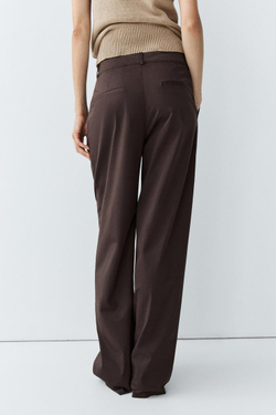 Massimo Dutti Плиссированные брюки из смесовой хлопковой ткани поплин, шоколадный
