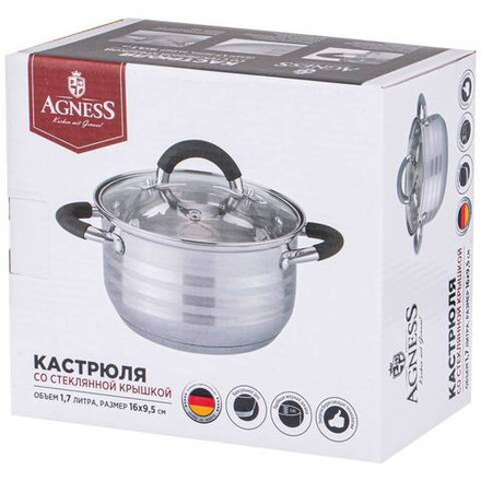 КАСТРЮЛЯ AGNESS СО СТЕКЛ. КРЫШКОЙ СЕРИЯ CLASSIC 1,7 Л. 16*9,5 СМ