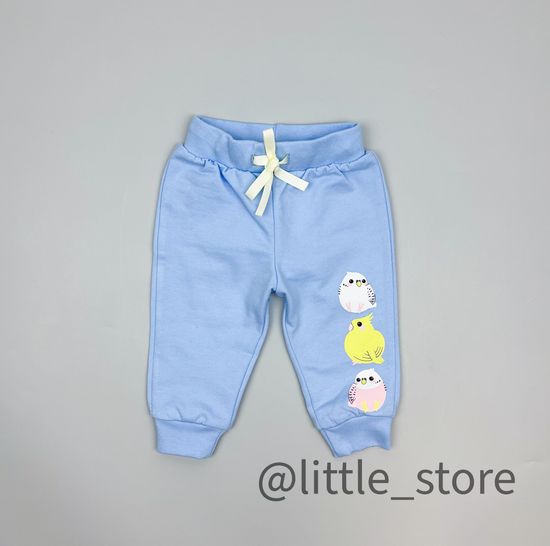 Штаны из футера "Цветные попугайчики" небесные