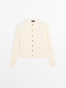 Massimo Dutti Кардиган из 100% шерсти с золотистыми пуговицами, натуральный/кремовый