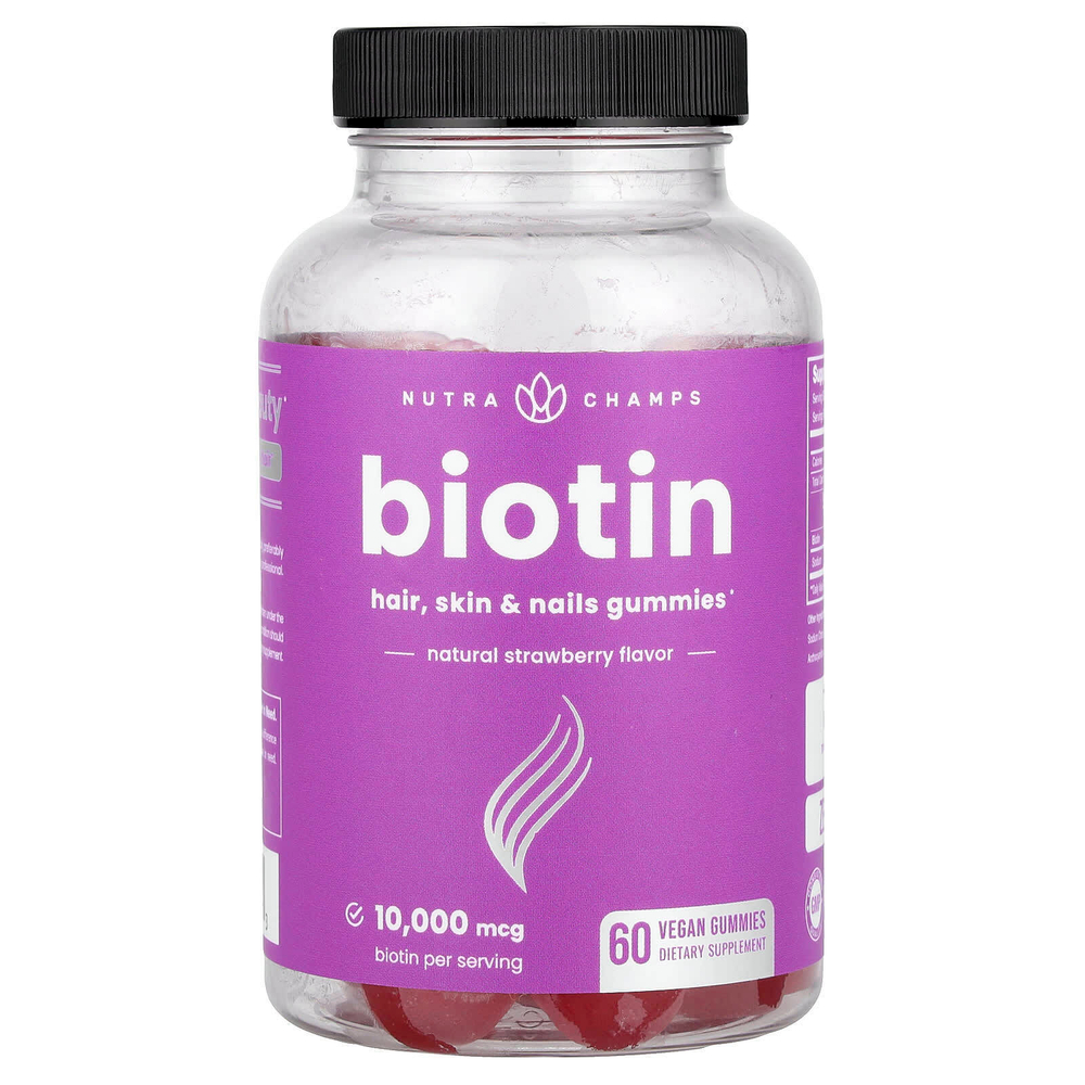 NutraChamps, жевательные таблетки с биотином, со вкусом натуральной клубники, 10 000 мкг, 60 веганских жевательных таблеток (5000 мкг в одной жевательной таблетке)