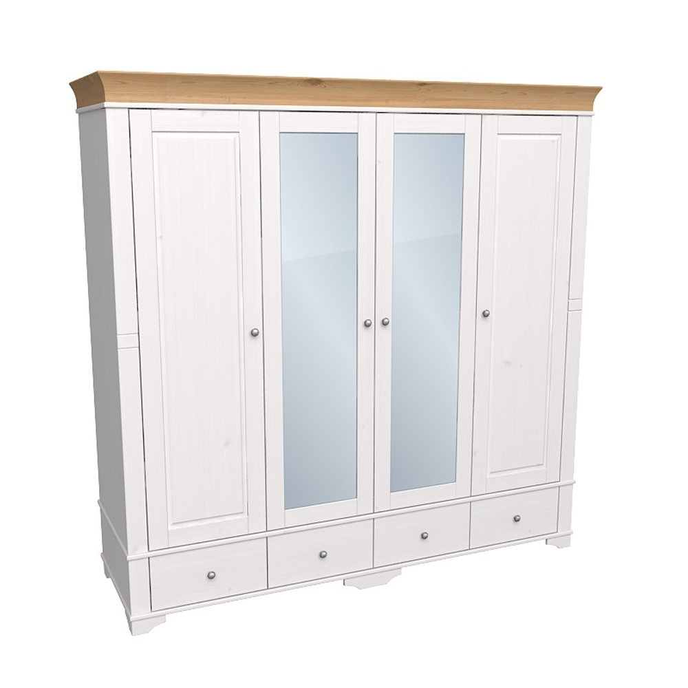 Шкаф 4х дверный «Бейли» с 2-мя глухими и 2-мя зеркальными дверями белый воск/антик