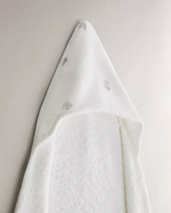 ZARA HOME ДЕТСКОЕ ПОЛОТЕНЦЕ С КАПЮШОНОМ И ПРИНТОМ, ЖЕЛТОВАТО-БЕЛЫЙ