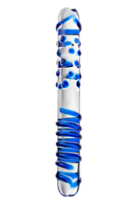 Двусторонний стимулятор из стекла с шишечками и спиралью Sexus Glass (Цвет: прозрачный с синим)
