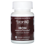 BrainMD, железо, 30 веганских капсул (25 мг в 1 капсуле)