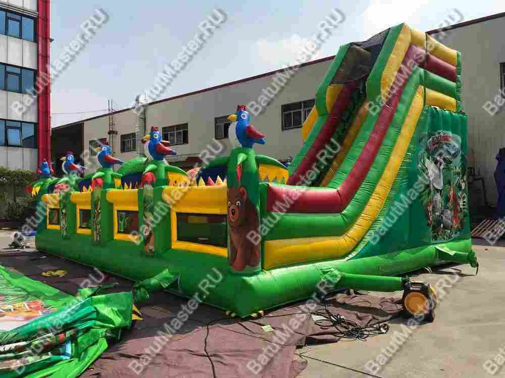 Надувной батут "Джунгли малый" с птичками на столбиках, размер 10*7*5 м