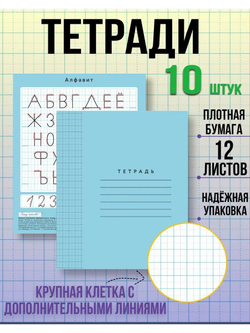Набор тетрадей в крупную клетку 8х8 мм, 12 л, голубая обложка, 10 шт
