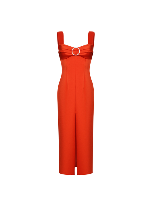 Платье миди из сатина драпированное с пряжкой