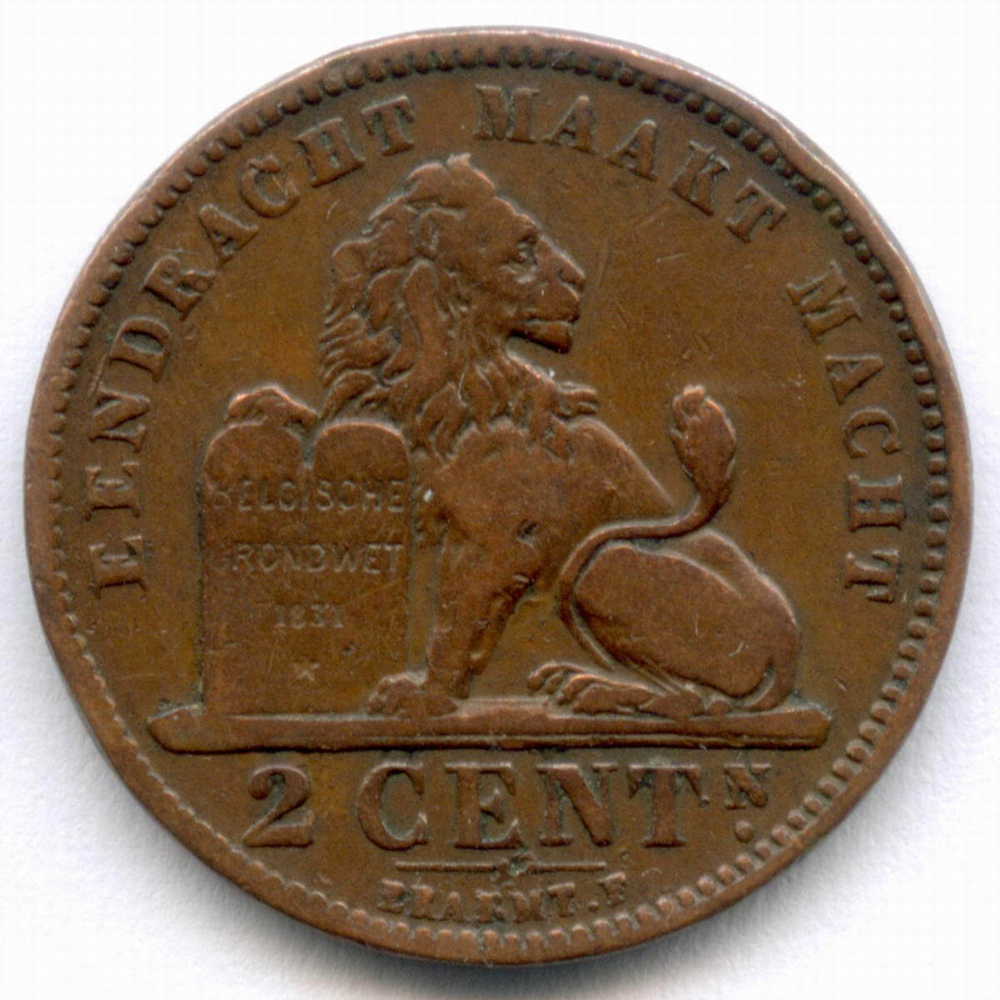 2 сантима 1905 год. Бельгия (Леопольд II). Надпись на голландском - DER BELGEN. Медь, диаметр 21.5 мм. VF-XF
