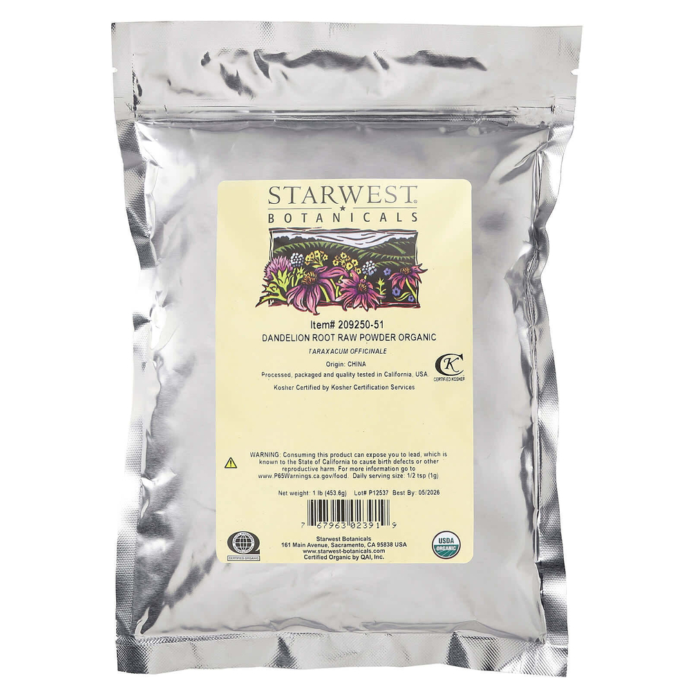 Starwest Botanicals, Органический необработанный порошок из корня одуванчика, 453,6 г (1 фунт)