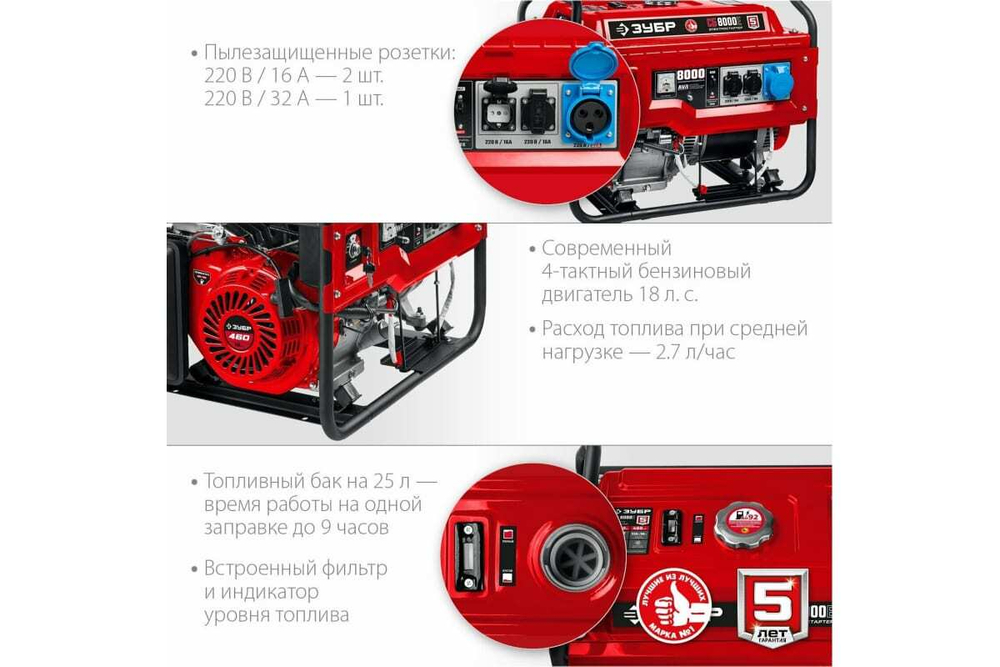 Бензиновый генератор ЗУБР с электростартером, 8000 Вт СБ-8000Е