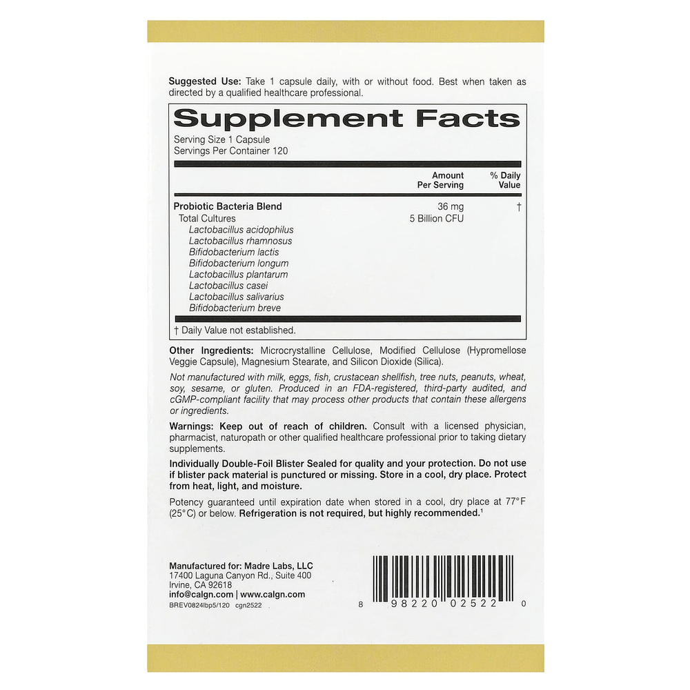 California Gold Nutrition, LactoBif® 5, пробиотики, 5 млрд КОЕ, 120 растительных капсул