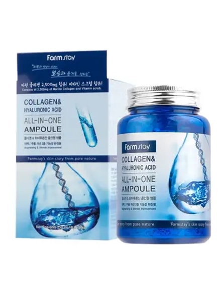 FARMSTAY - СЫВОРОТКА ДЛЯ ЛИЦА АМПУЛЬНАЯ С КОЛЛАГЕНОМ И ГИАЛУРОНОВОЙ КИСЛОТОЙ COLLAGEN & HYALURONIC ACID ALL-IN-ONE AMPOULE, 250 ML