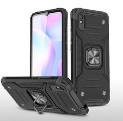 Противоударный чехол для Xiaomi Redmi 9A черный с пластиной для магнитного автодержателя и кольцом подставкой / чехол накладка для телефона Сяоми Редми 9А трансформируется в подставку / чехол с держателем на палец