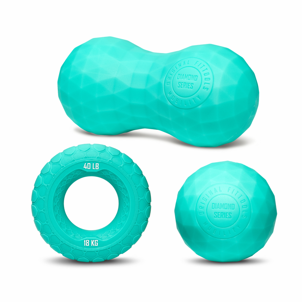 Набор из двух массажных мячей с кистевым эспандером бирюзовый