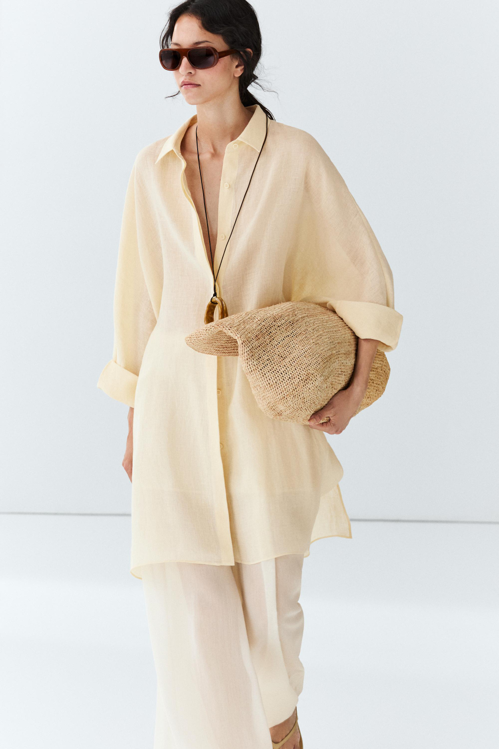 Massimo Dutti Короткое льняное платье-рубашка, светло-желтый