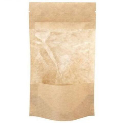 Пакет бумажный Doypack 100х185 (30+30) мм крафт с прозрачным окошком 90 мм (100/700 шт) 121-012