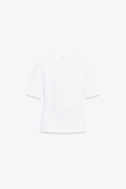 ZARA ФУТБОЛКА ИНТЕРЛОК СО СБОРКАМИ, БЕЛЫЙ