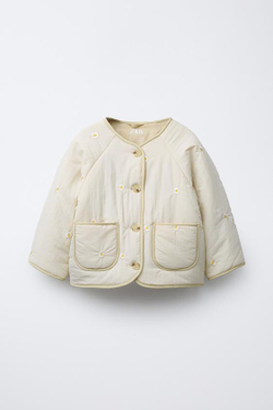 ZARA СТЕГАНАЯ КУРТКА С ВЫШИВКОЙ «РОМАШКИ», ЭКРЮ