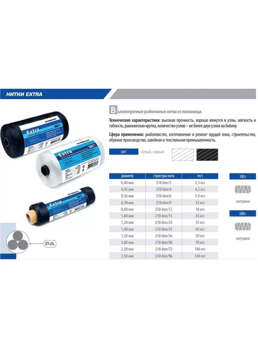 Нитки капроновые (полиамидные) Петроканат Extra, 50 г. 187tex*6 (1,80 мм), 40 м, белые, в комплекте 3 шт