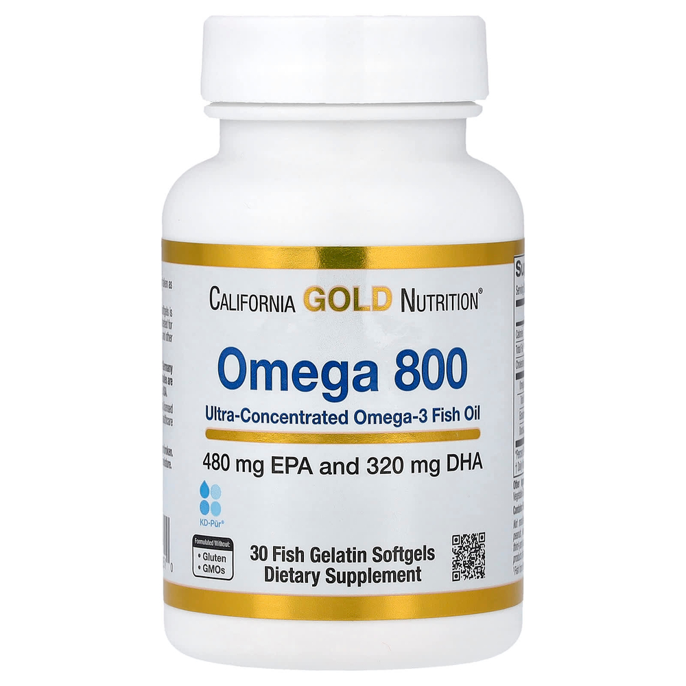 California Gold Nutrition, Omega 800, ультраконцентрированный рыбий жир с омега-3, в форме триглицеридов KD-pur®, 30 капсул из рыбьего желатина (1000 мг в 1 капсуле)