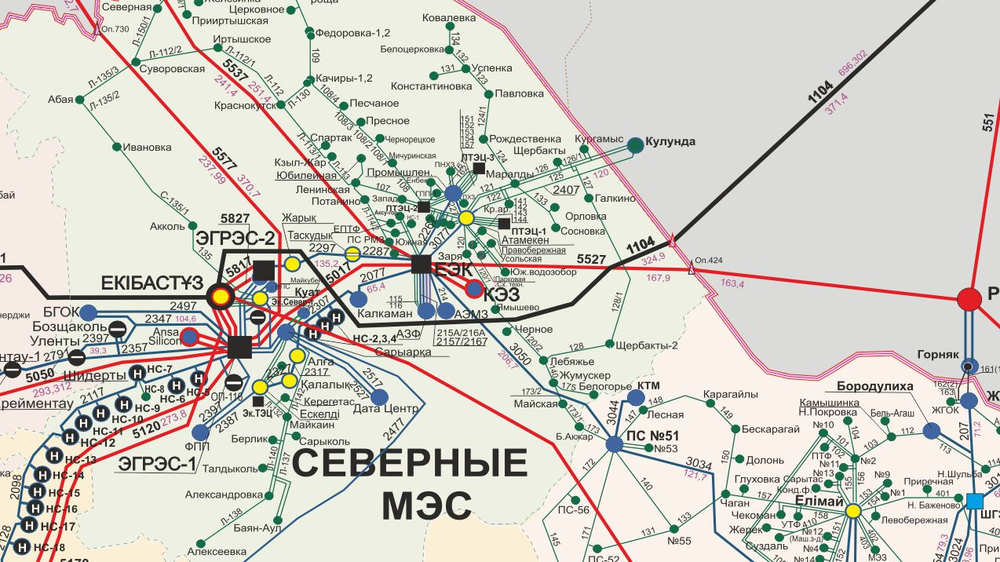 «Карта-схема Электрических сетей 1150-500-220-110кВ ЕЭС Республики Казахстан» 2025 г. (150 х 230 см)