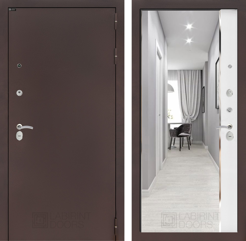 Дверь Входная Лабиринт CLASSIC антик медный С зеркалом Панорама Белый софт