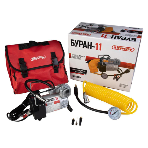 Компрессор металлический 60л/мин с крокодилами SKYWAY БУРАН-11 (3 насадки) Сумка, 10атм